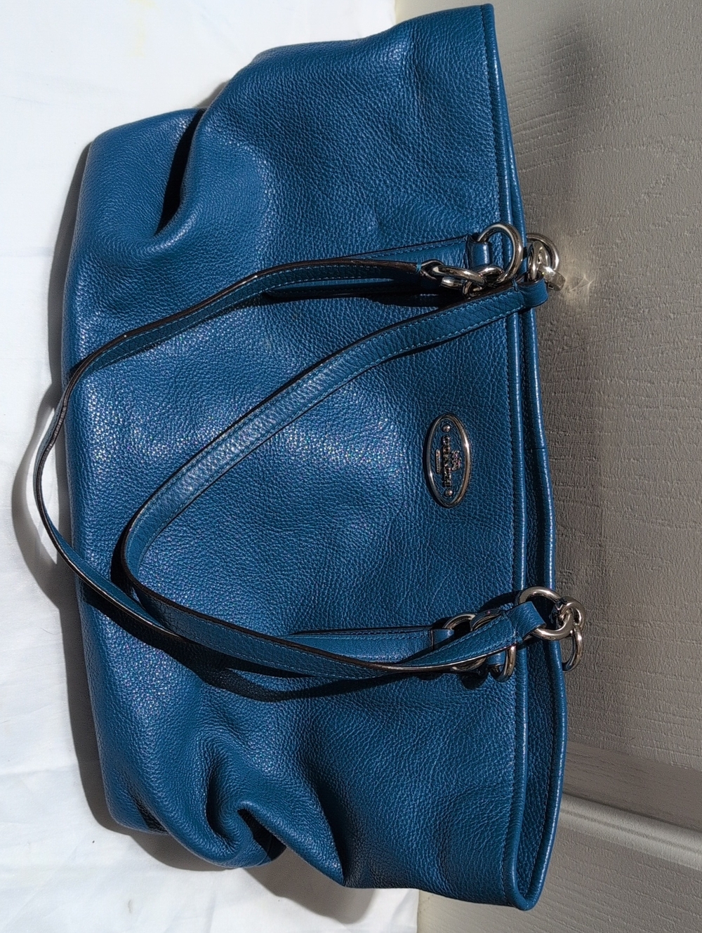 Coach Teal Blue Pebbled Leather Tote with Silver Hardware - Picture 7 of 7
